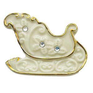 LENOX Sleigh Brooch White Porcelain Crystals Gold Outline Santa Winter Holiday